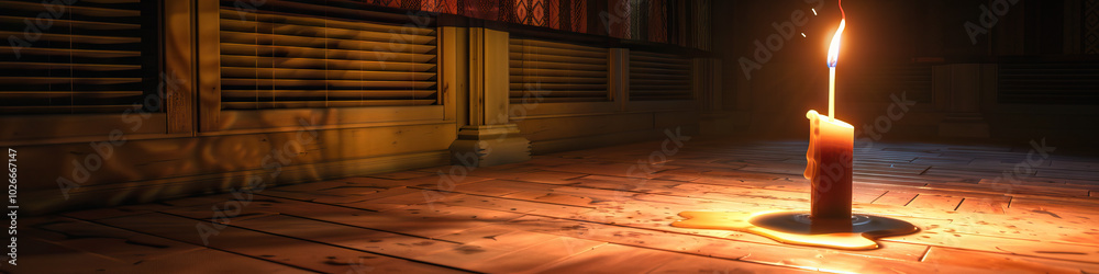 In a dimly lit study, a single flickering candle casts dancing shadows across the walls and floor as it sputters and begins to sink into a pool of wax. In a dimly lit study, a single flickering candle casts dancing shadows across the walls and floor as it sputters and begins to sink into a pool of wax.