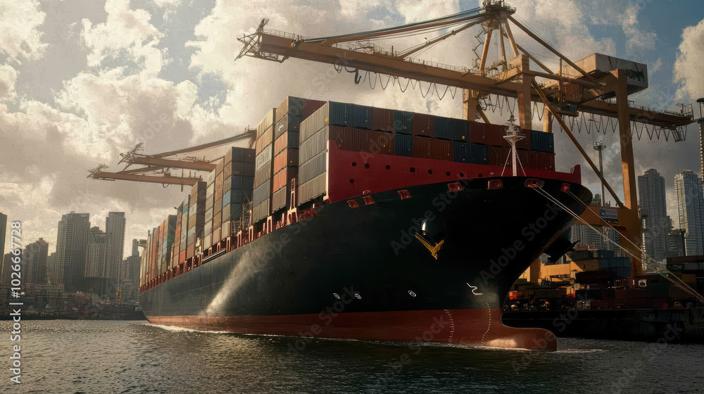 Naklejka premium Cargo ship navigating through the harbor with cranes in the background under a cloudy sky.