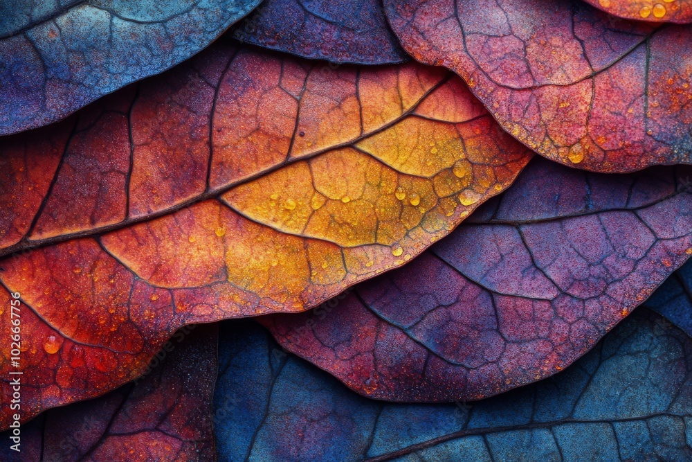 Fototapeta premium Close up of colorful autumn leaves showcasing vibrant hues and intricate textures