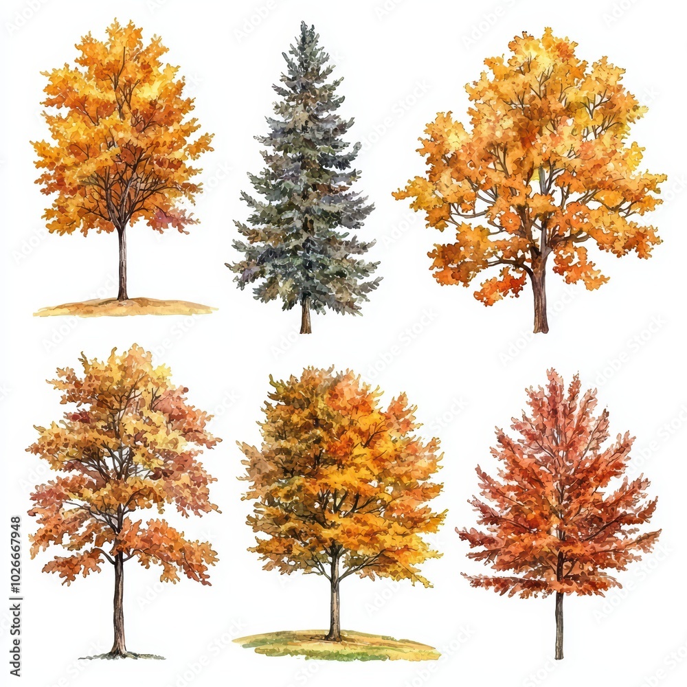 Collection of autumn trees showcasing vibrant yellow, orange, and red leaves on a white isolated background. Collection of autumn trees showcasing vibrant yellow, orange, and red leaves on a white isolated background.