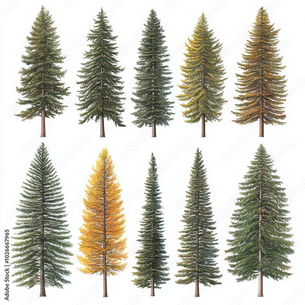 Obraz premium Collection of various evergreen and deciduous trees isolated on white background.