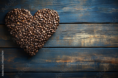 Closeup fresh roasted Arabian or aroma coffee beans on shape of heart. Organic coffee concept background. Top view, flat lay backdorp with copy space photo