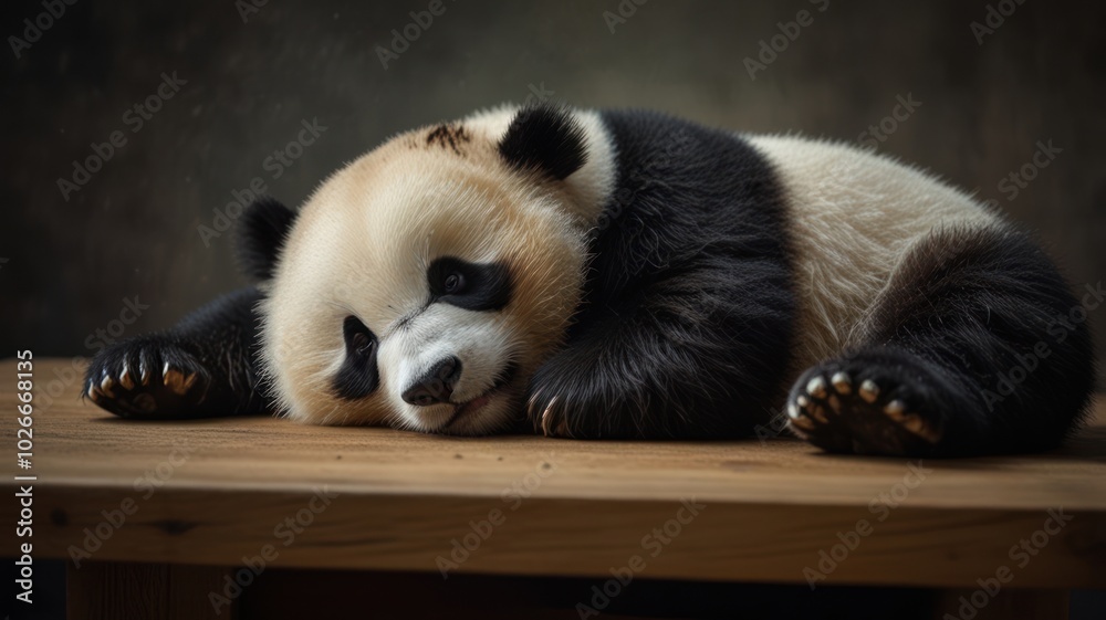 Fototapeta premium A cute baby panda cub lies on a wooden table, curled up in a sleepy pose, with its black and white fur and big, dark eyes.