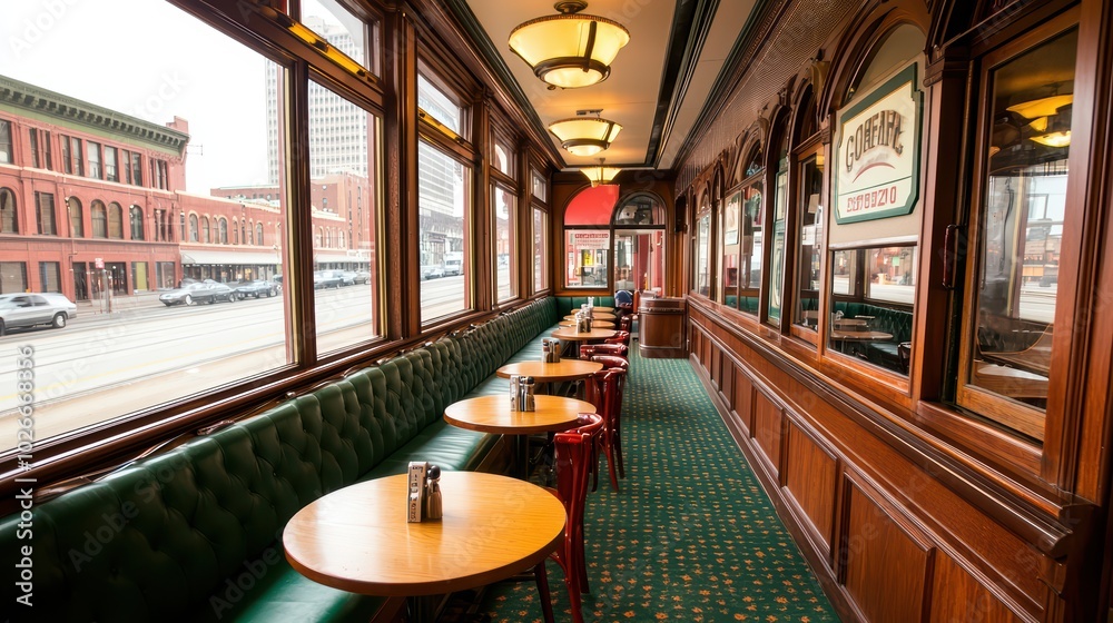 Fototapeta premium Cozy restaurant interior with wooden decor, green benches, and tables by a large window, inviting ambiance for dining.