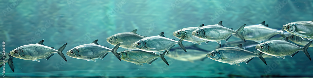 Against a cool, aquamarine wall, a school of silver fish swim in unison, eventually coming to rest at the base of the tank. Against a cool, aquamarine wall, a school of silver fish swim in unison, eventually coming to rest at the base of the tank.