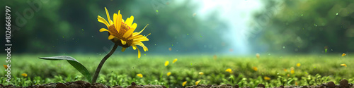 On a serene green field, a single yellow daisy slowly wilts and sinks into the soil.