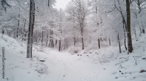 Chilly forest with snow-laden trees