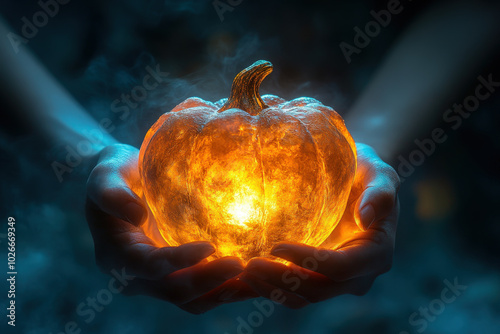 Glowing Pumpkin in Hands  photo