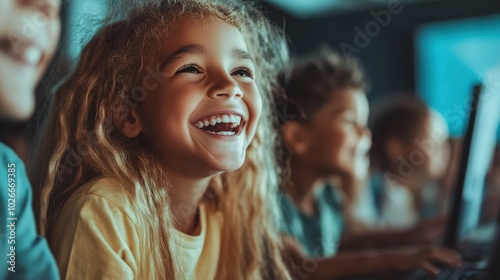 A group of diverse children express joy and laughter during a classroom session, highlighting the delight and excitement found in shared educational experiences.