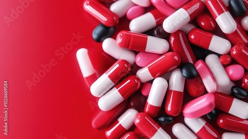 Various colorful capsules, including red, pink, and black, are scattered over a red background, emphasizing diversity and the complexity of pharmaceutical options.