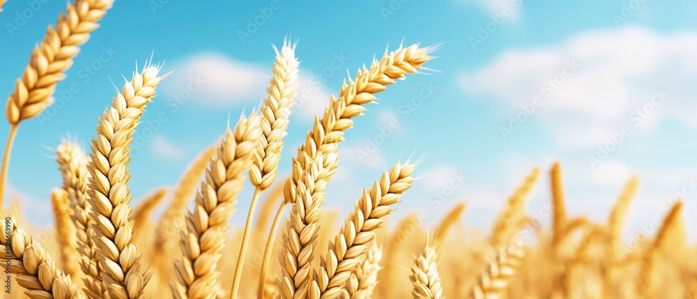 Golden wheat stalks swaying gently in the breeze under a bright blue sky with fluffy clouds in the background. Golden wheat stalks swaying gently in the breeze under a bright blue sky with fluffy clouds in the background.