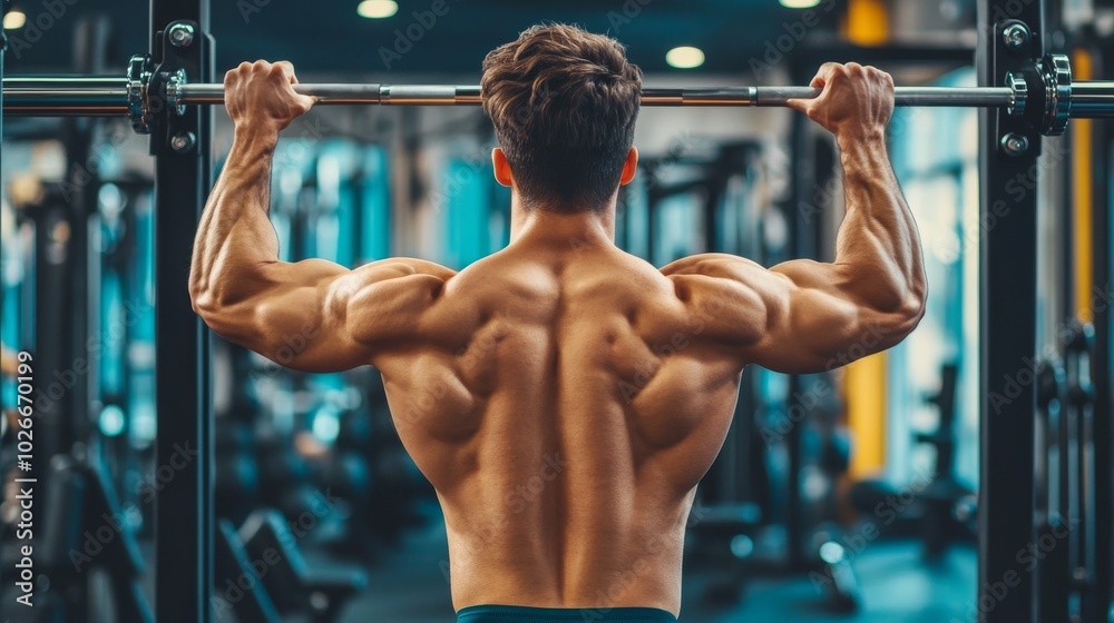 Shirtless man training on a back machine. Shirtless man training on a back machine.