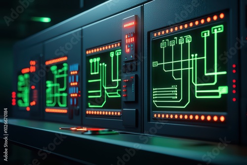 High-tech control panel with glowing screens and intricate circuitry, showcasing advanced technology and digital design.