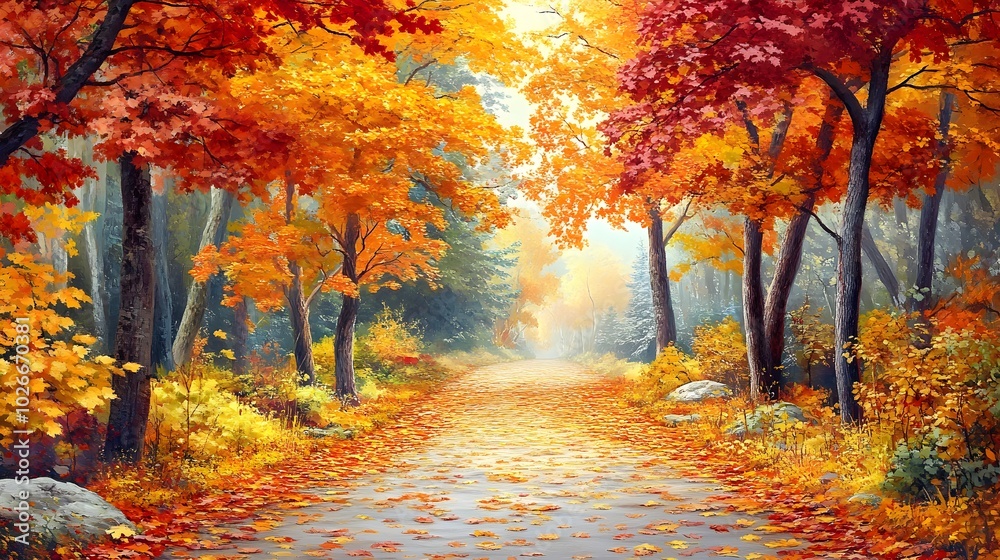 An autumn scene with a pathway covered in fallen leaves and trees displaying brilliant shades of red, orange, and yellow An autumn scene with a pathway covered in fallen leaves and trees displaying brilliant shades of red, orange, and yellow