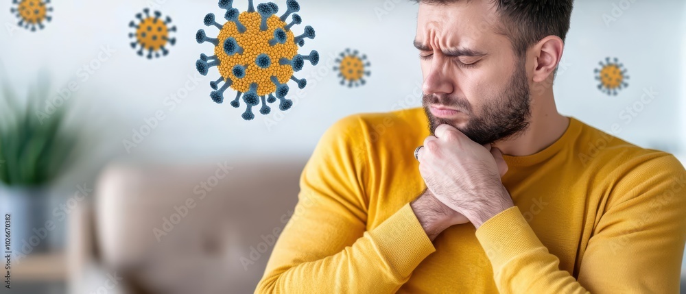 Man showing signs of illness, coughing while worrying about coronavirus at home. Man showing signs of illness, coughing while worrying about coronavirus at home.
