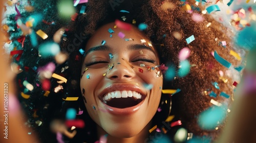 A joyful woman immersed in colorful confetti throws her head back in laughter, capturing the essence of celebration and happiness against a lively atmosphere.