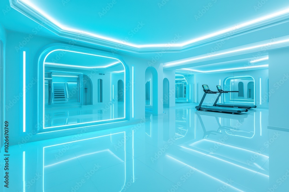 Modern gym interior with futuristic design, neon lighting, and treadmill in a spacious, reflective environment.
