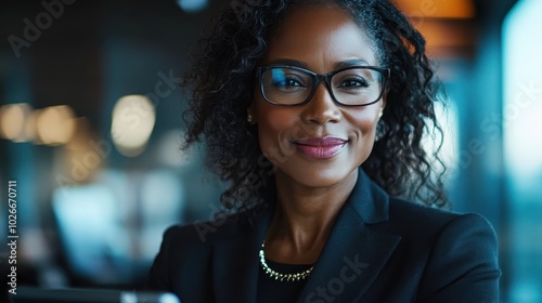 A confident professional woman with curly hair and glasses in formal attire, standing in a modern office setting, symbolizing success and empowerment. photo