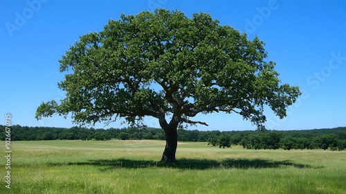 A majestic oak tree standing alone in a vast green field under a clear blue sky