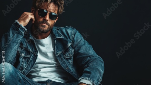 A rugged bearded man confidently poses against a dark background wearing stylish sunglasses and a complete denim outfit, epitomizing modern coolness and confidence. photo