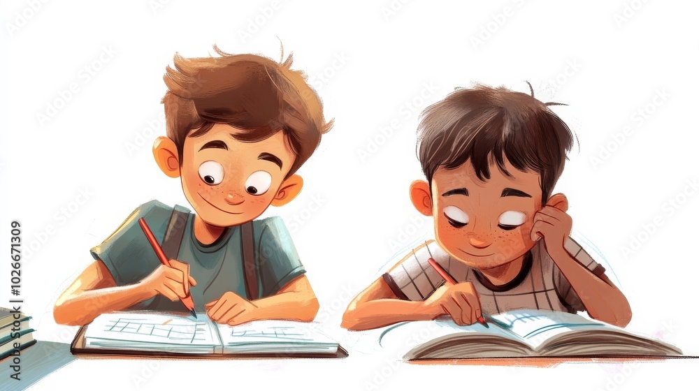 Two boys studying homework together Two boys studying homework together