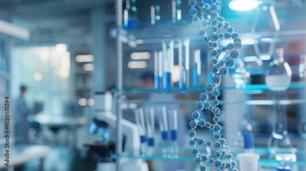 A magnified DNA strand is highlighted in a laboratory, showcasing equipment and researchers engaged in scientific exploration. Generative AI