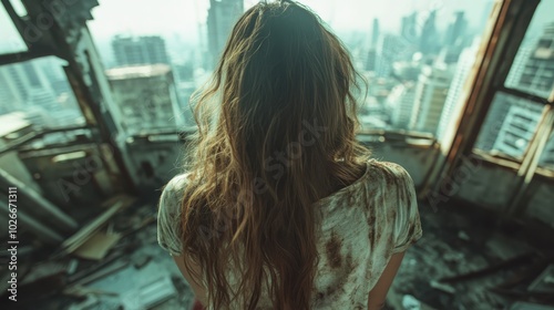 A lone woman is seen from behind standing in a dilapidated, abandoned building, peering out at a densely packed cityscape, reflecting themes of decay and resilience. photo