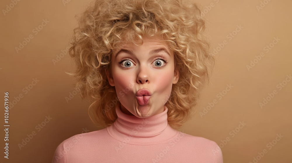 Blonde does facial exercises in pink. Blonde does facial exercises in pink.
