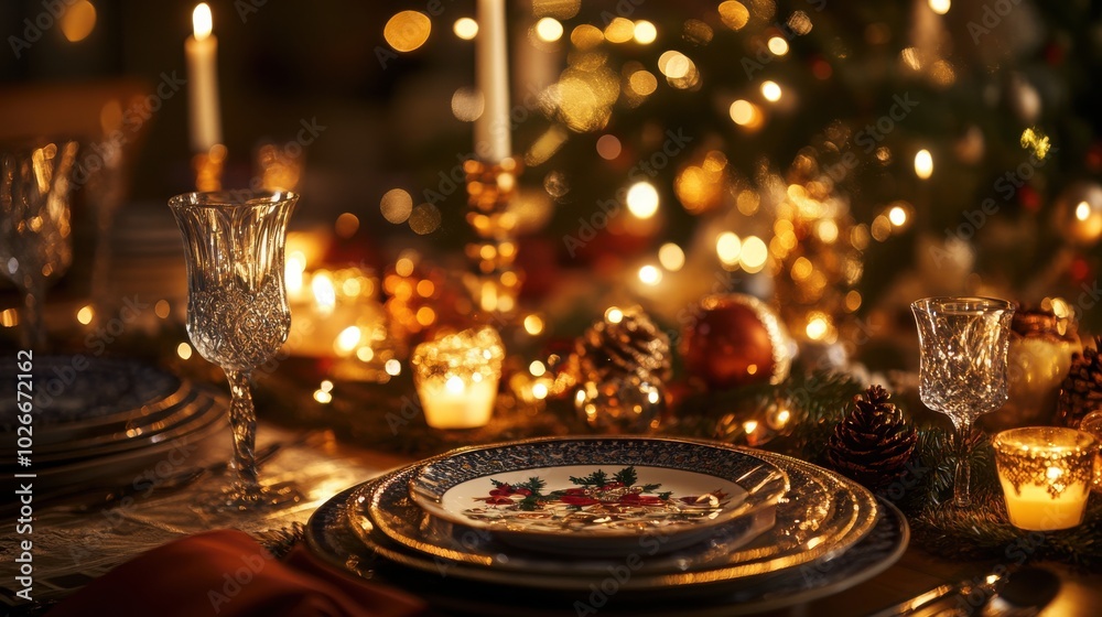 A festive Christmas table set with candles, decorative plates, and a holiday centerpiece, ready for a family feast A festive Christmas table set with candles, decorative plates, and a holiday centerpiece, ready for a family feast