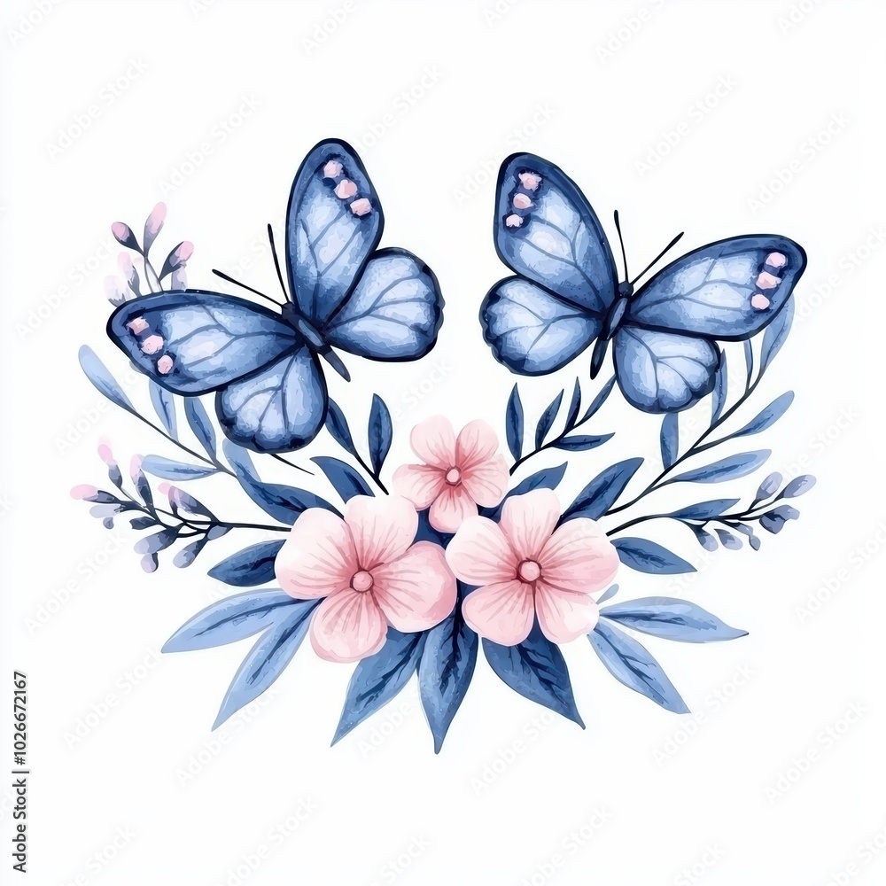 Obraz premium Two blue butterflies resting on pink flowers with delicate green leaves, all against a white isolated background.