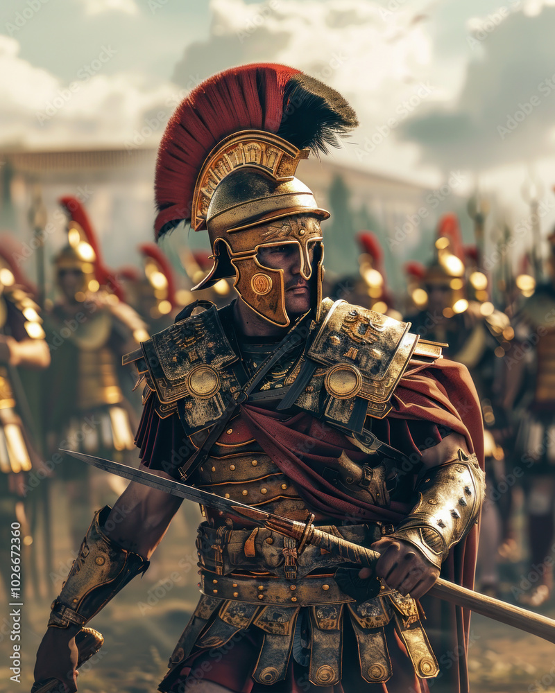 Roman legionary soldier in armor holding shield during battle Roman legionary soldier in armor holding shield during battle