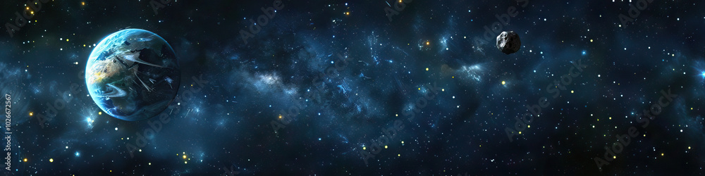 Starry Night Space Backdrop: A tiny asteroid hurtles through the cosmos, eventually colliding with a distant planet. Starry Night Space Backdrop: A tiny asteroid hurtles through the cosmos, eventually colliding with a distant planet.