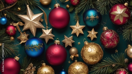 Image is a festive holiday-themed layout featuring  adorned with Christmas decorations, gold stars