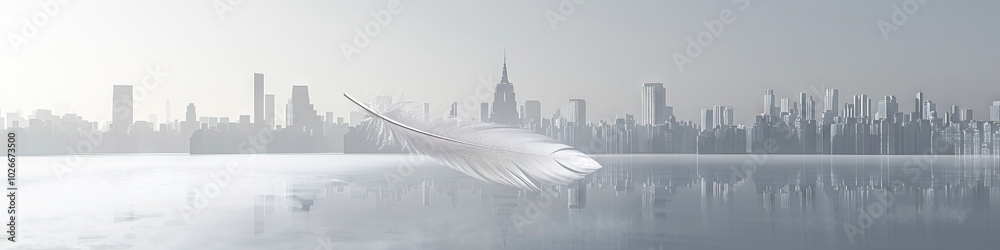 Naklejka premium Misty Grey City Skyline: A lone feather drifts lazily downward, caught in the currents of air above the city.