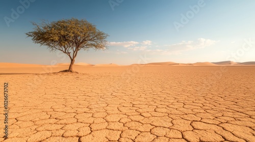 An isolated tree stands resilient in a vast, dry desert with cracked earth stretching out under a serene blue sky, invoking themes of survival and solitude. photo