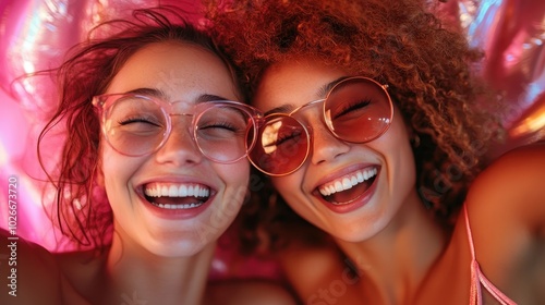 Lying on a pink inflatable raft, two friends share a relaxed moment, smiling in the summer sun, each wearing vibrant sunglasses and showcasing pure joy.