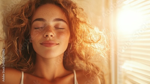 A serene and calming image of a woman with closed eyes, absorbing the golden hour sunlight, providing a peaceful semblance of contentment and tranquility. photo