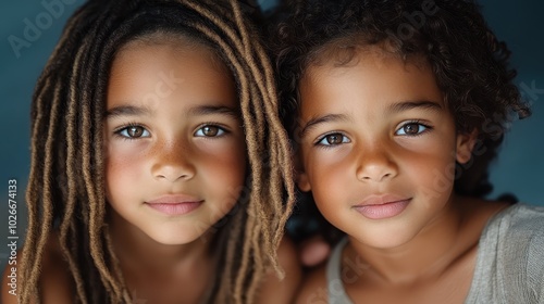 A close-up of two children with beautiful dreadlocks and curly hair, smiling warmly at the camera, capturing a moment of joy and innocence in a relaxed atmosphere.