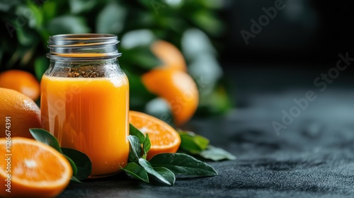 A freshly served orange juice bottle with vibrant citrus fruit and fresh leaves around, symbolizing health, vibrancy, and refreshment, perfect for lively settings. photo