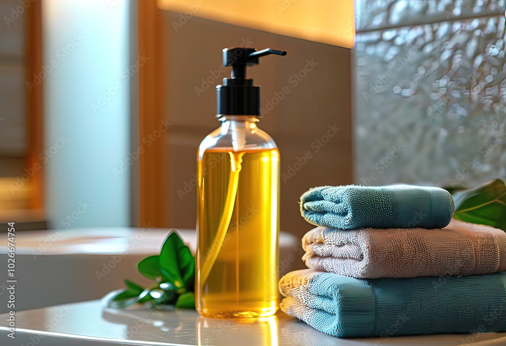 Liquid soap (shampoo) bottle in bathroom, home hygiene, Liquid soap (shampoo) bottle in bathroom, home hygiene,