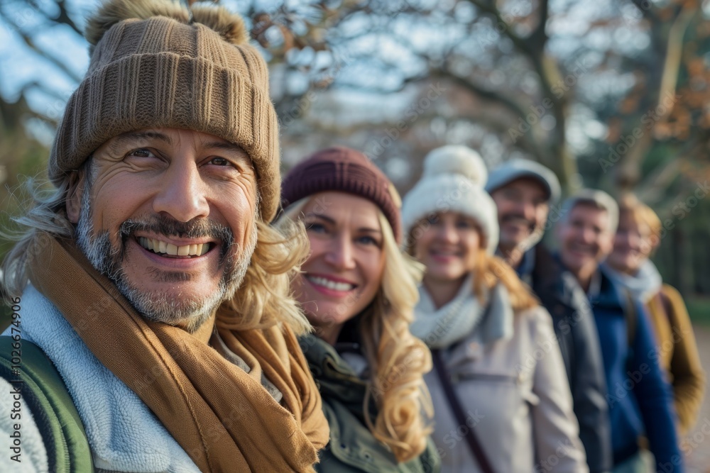 Portrait of smiling senior man with friends standing in background in park Portrait of smiling senior man with friends standing in background in park