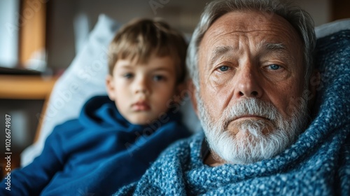 An elderly man sits closely with a young boy, both enveloped in warmth and coziness, illustrating a serene moment of reflection and companionship across time.