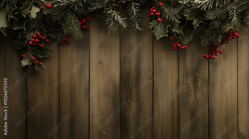 Branches of mistletoe and spruce with red berries overhang a wooden background