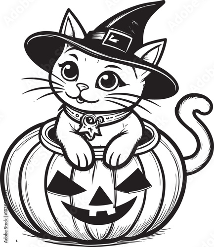 black and white cat in pumpkin halloween clip art preview