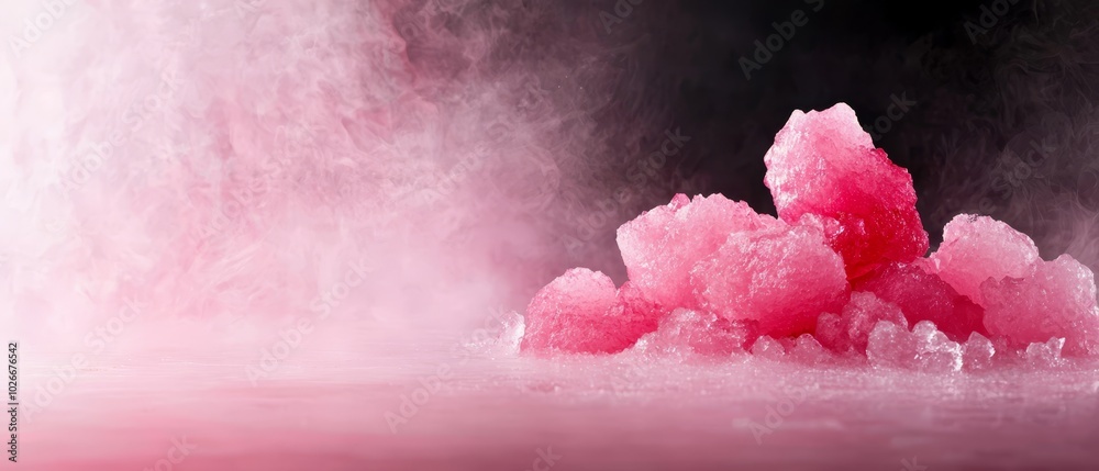 Fototapeta premium A heap of rose-tinted ice rests atop a magenta floor, adjacent to a mound of black and white smoke