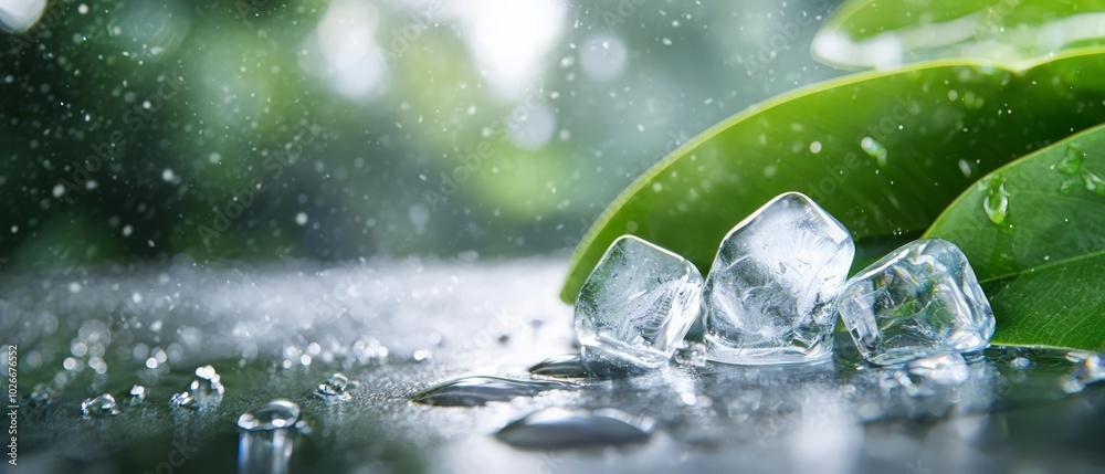 A collection of ice cubes sits atop a table, accompanied by a green leaf dripping with water A collection of ice cubes sits atop a table, accompanied by a green leaf dripping with water