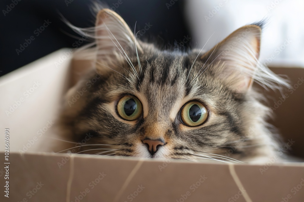 A fluffy cat with bright eyes peeks curiously from a cardboard box, full of playful charm and curiosity. A fluffy cat with bright eyes peeks curiously from a cardboard box, full of playful charm and curiosity.