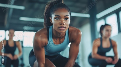 Fit young woman, box jumps, exercise class, friends, gym