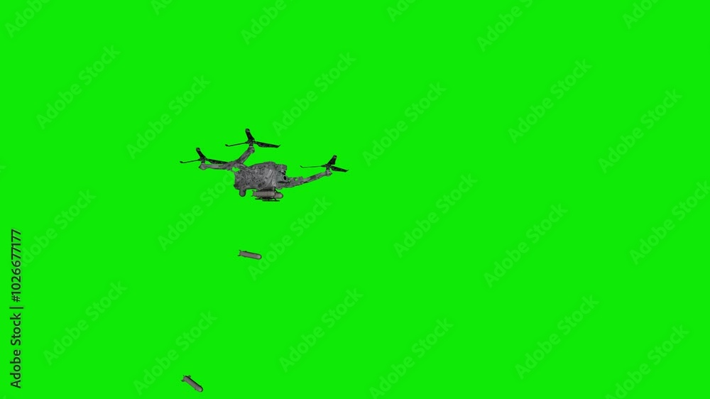 Army Drone with Bombs - Military FPV Tactical War Aircraft - Flying Transition - Front Side Angle MS View - Green Screen - Realistic 3D animation isolated on chroma key background Army Drone with Bombs - Military FPV Tactical War Aircraft - Flying Transition - Front Side Angle MS View - Green Screen - Realistic 3D animation isolated on chroma key background