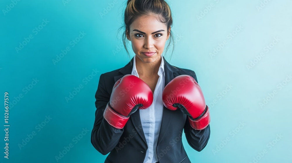 Young Hispanic businesswoman in boxing gloves prepping for work battles Young Hispanic businesswoman in boxing gloves prepping for work battles